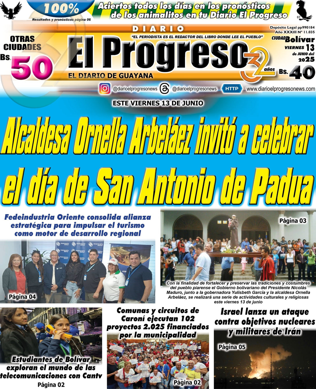 TITULARES DIARIO EL PROGRESO  EDICIÓN VIERNES 13 DE JUNIO DE 2025