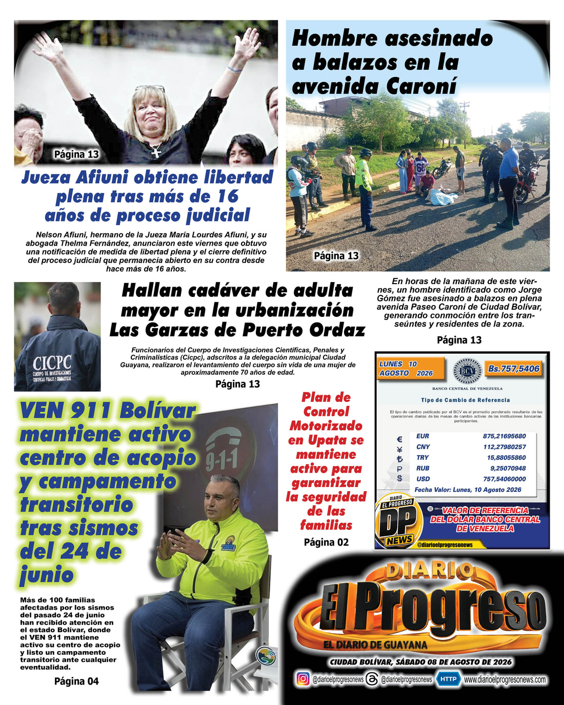 TITULARES DIARIO EL PROGRESO  EDICIÓN SÁBADO 08 DE AGOSTO DE 2026