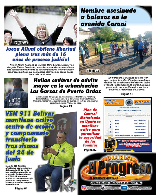TITULARES DIARIO EL PROGRESO  EDICIÓN SÁBADO 08 DE AGOSTO DE 2026