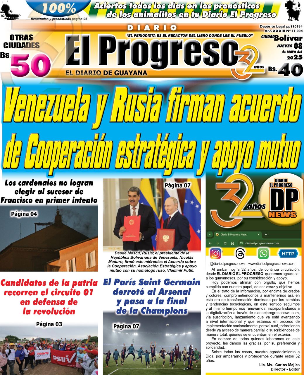TITULARES DIARIO EL PROGRESO EDICIÓN JUEVES 08 DE MAYO DE 2025