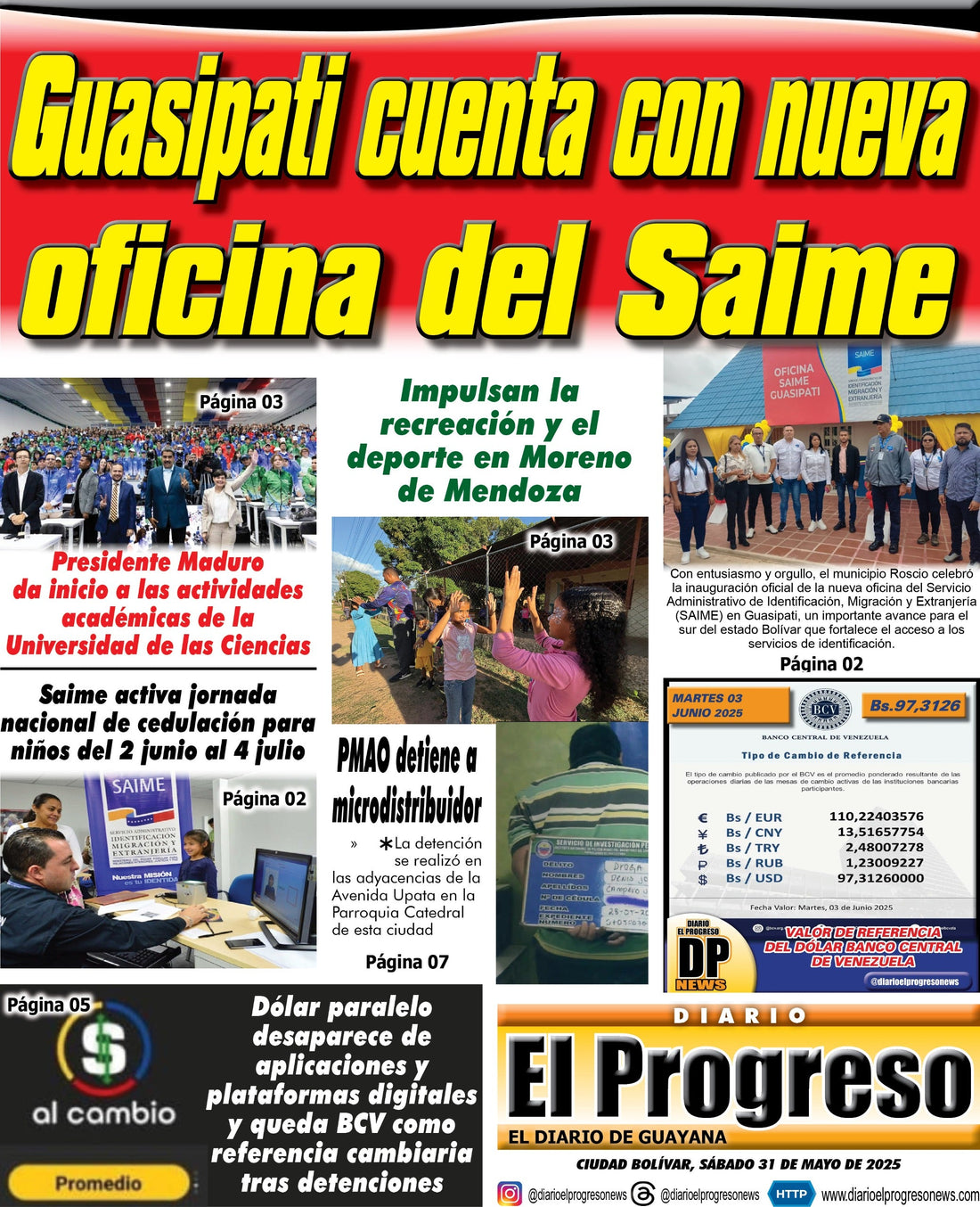 TITULARES DIARIO EL PROGRESO  EDICIÓN SÁBADO 31 DE MAYO DE 2025