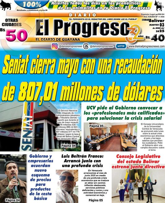 TITULARES DIARIO EL PROGRESO  EDICIÓN MARTES 03 DE JUNIO DE 2025