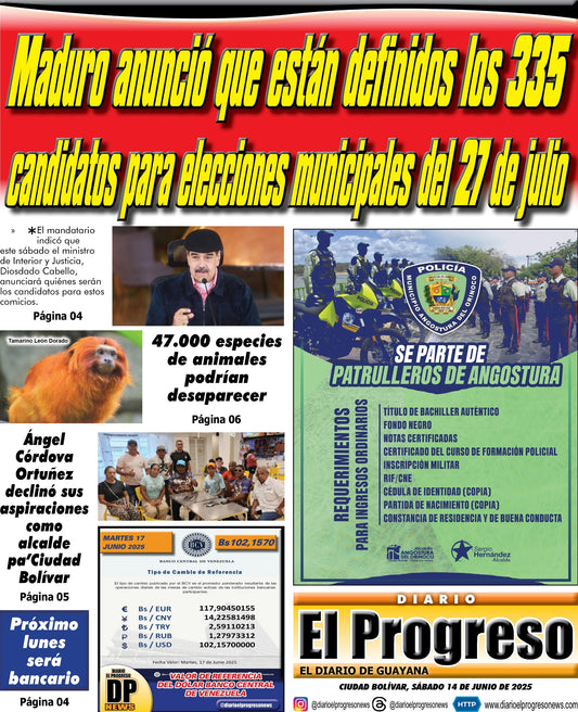 TITULARES DIARIO EL PROGRESO  EDICIÓN SÁBADO 14 DE JUNIO DE 2025