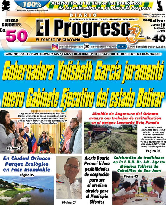 TITULARES DIARIO EL PROGRESO  EDICIÓN JUEVES 19 DE JUNIO DE 2025