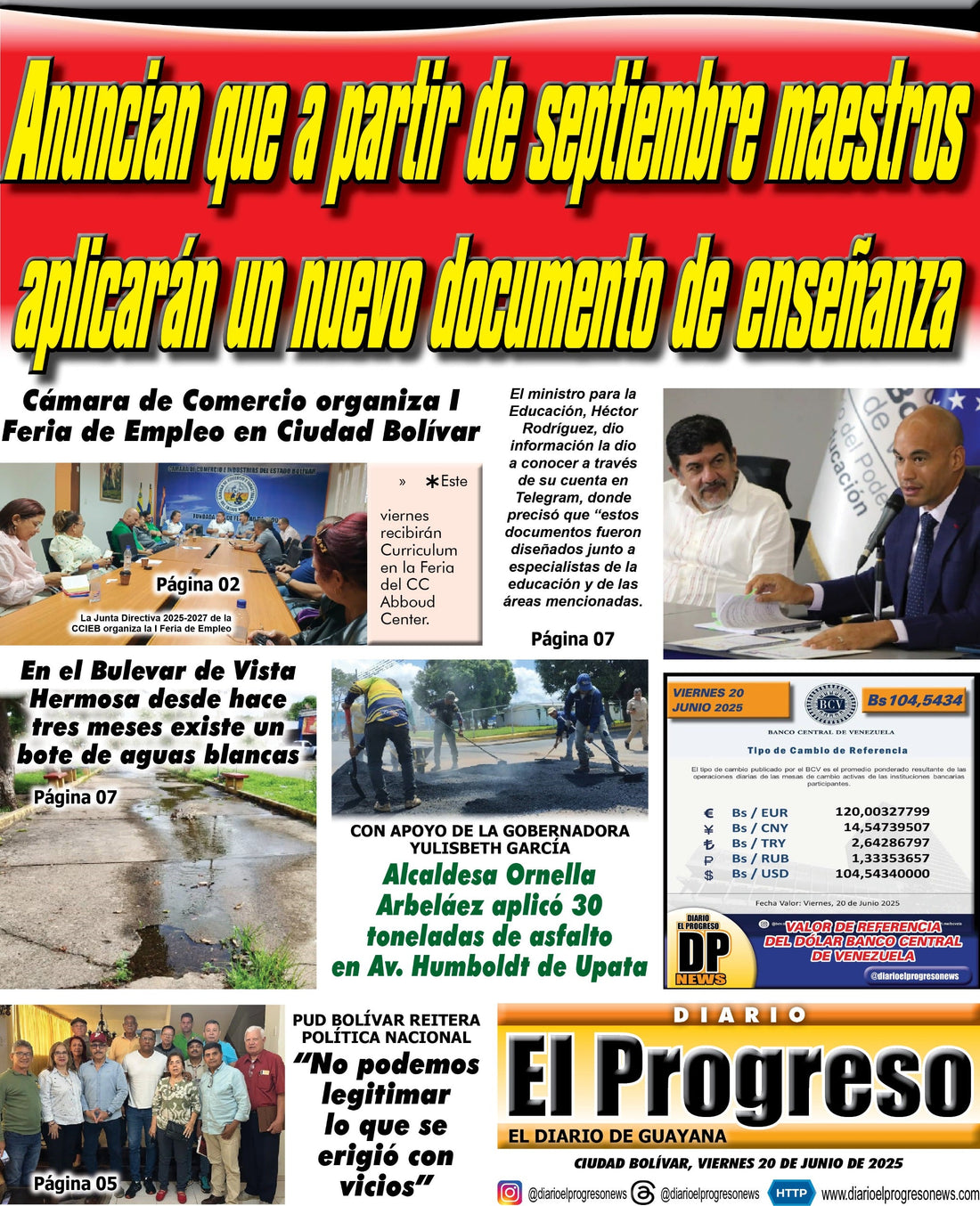 TITULARES DIARIO EL PROGRESO  EDICIÓN VIERNES 20 DE JUNIO DE 2025