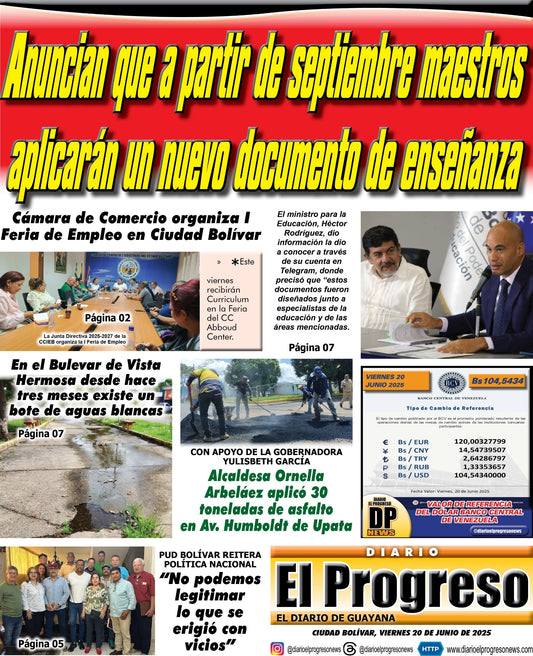 TITULARES DIARIO EL PROGRESO  EDICIÓN VIERNES 20 DE JUNIO DE 2025