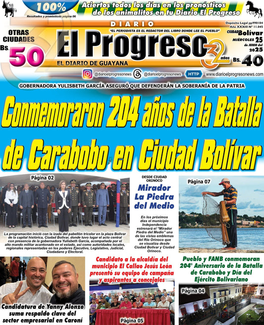 TITULARES DIARIO EL PROGRESO  EDICIÓN MIÉRCOLES 25 DE JUNIO DE 2025