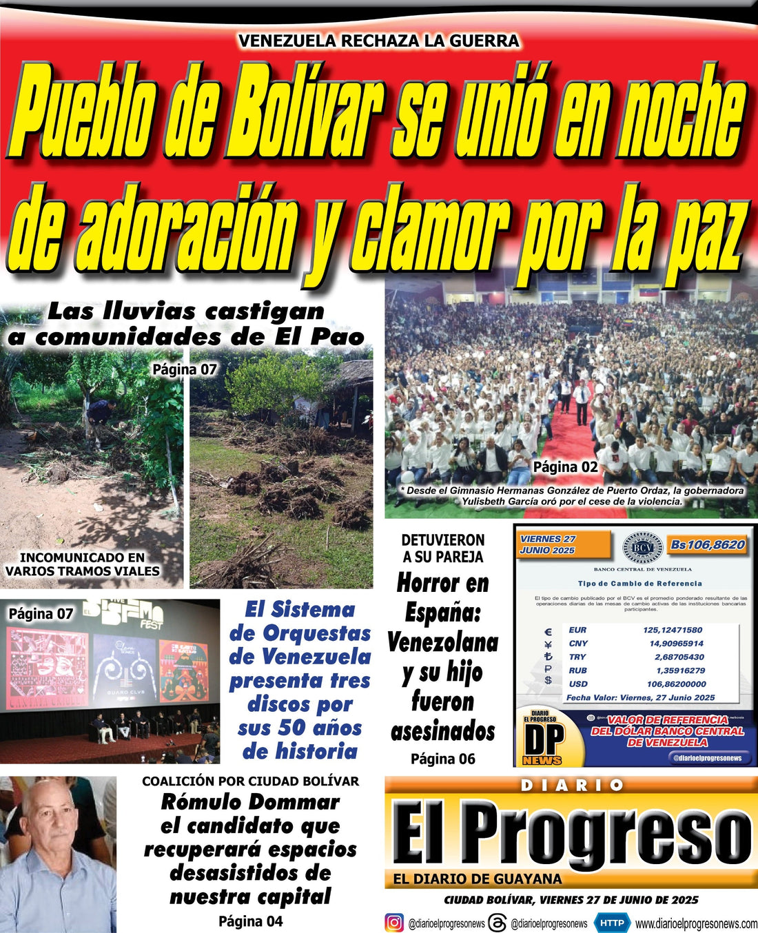 TITULARES DIARIO EL PROGRESO  EDICIÓN VIERNES 27 DE JUNIO DE 2025