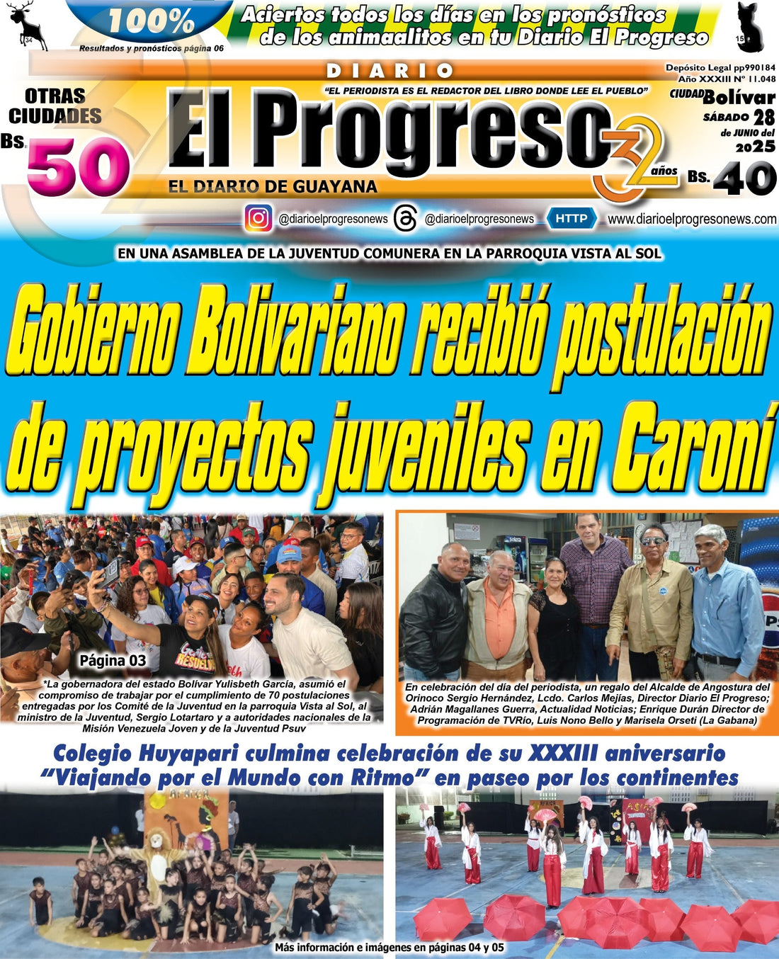 TITULARES DIARIO EL PROGRESO  EDICIÓN SÁBADO 28 DE JUNIO DE 2025