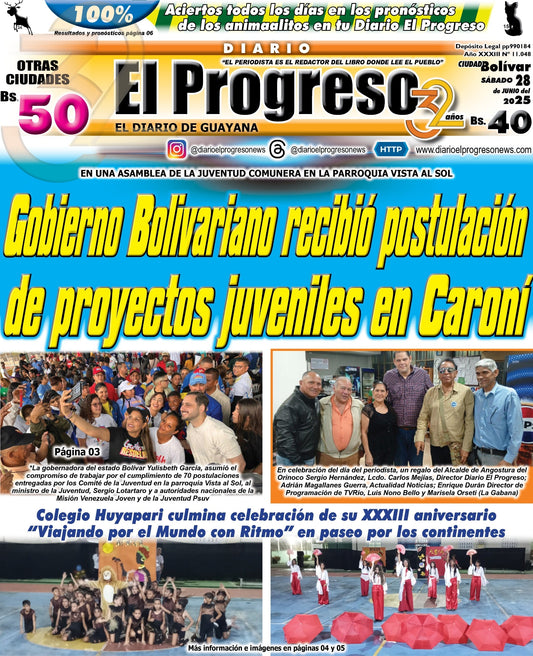TITULARES DIARIO EL PROGRESO  EDICIÓN SÁBADO 28 DE JUNIO DE 2025