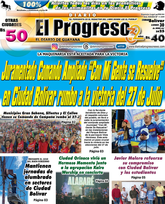 TITULARES DIARIO EL PROGRESO  EDICIÓN LUNES 30 DE JUNIO DE 2025