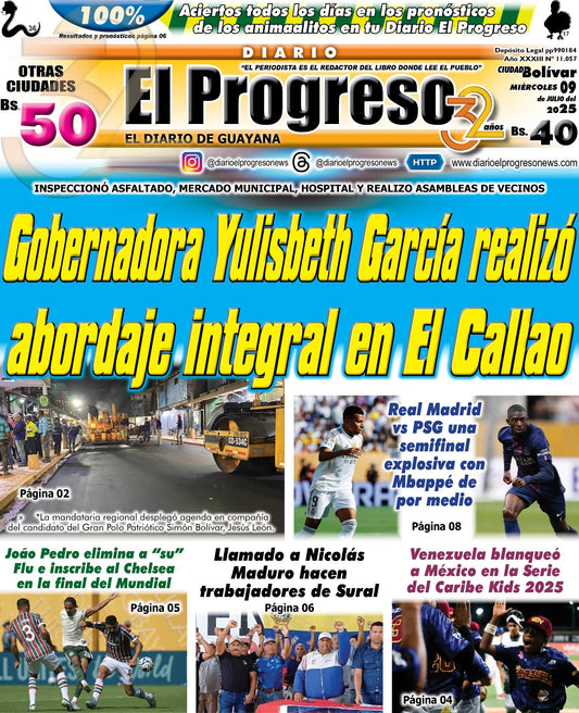 TITULARES DIARIO EL PROGRESO  EDICIÓN MIÉRCOLES 09 DE JULIO DE 2025