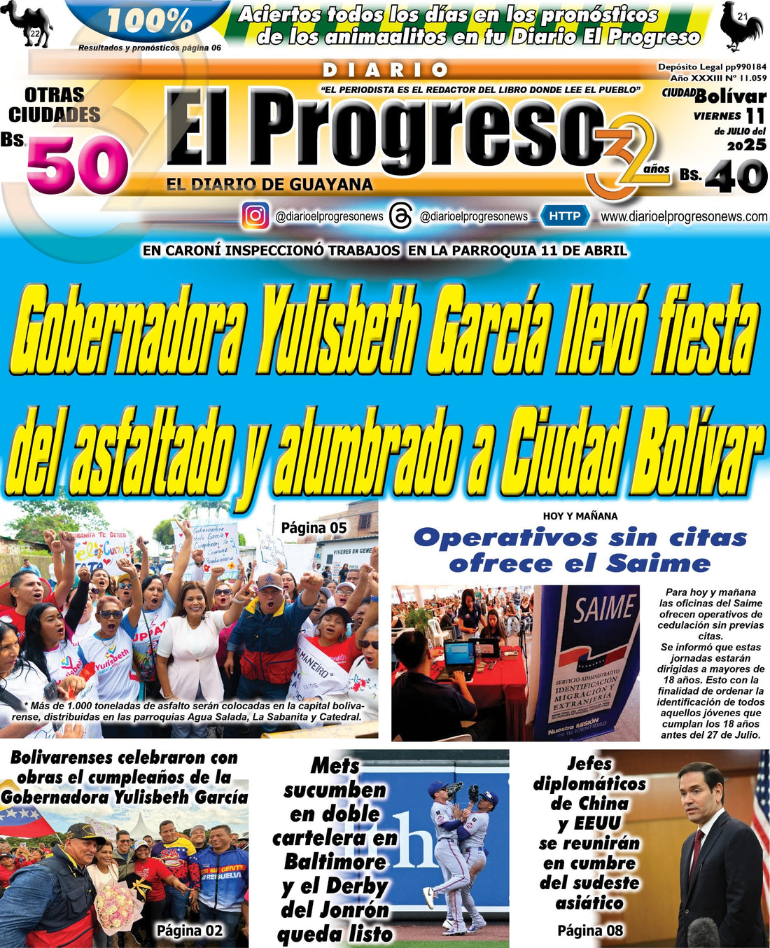 TITULARES DIARIO EL PROGRESO  EDICIÓN VIERNES 11 DE JULIO DE 2025