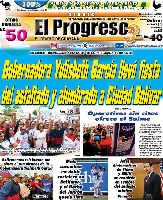 TITULARES DIARIO EL PROGRESO  EDICIÓN VIERNES 11 DE JULIO DE 2025