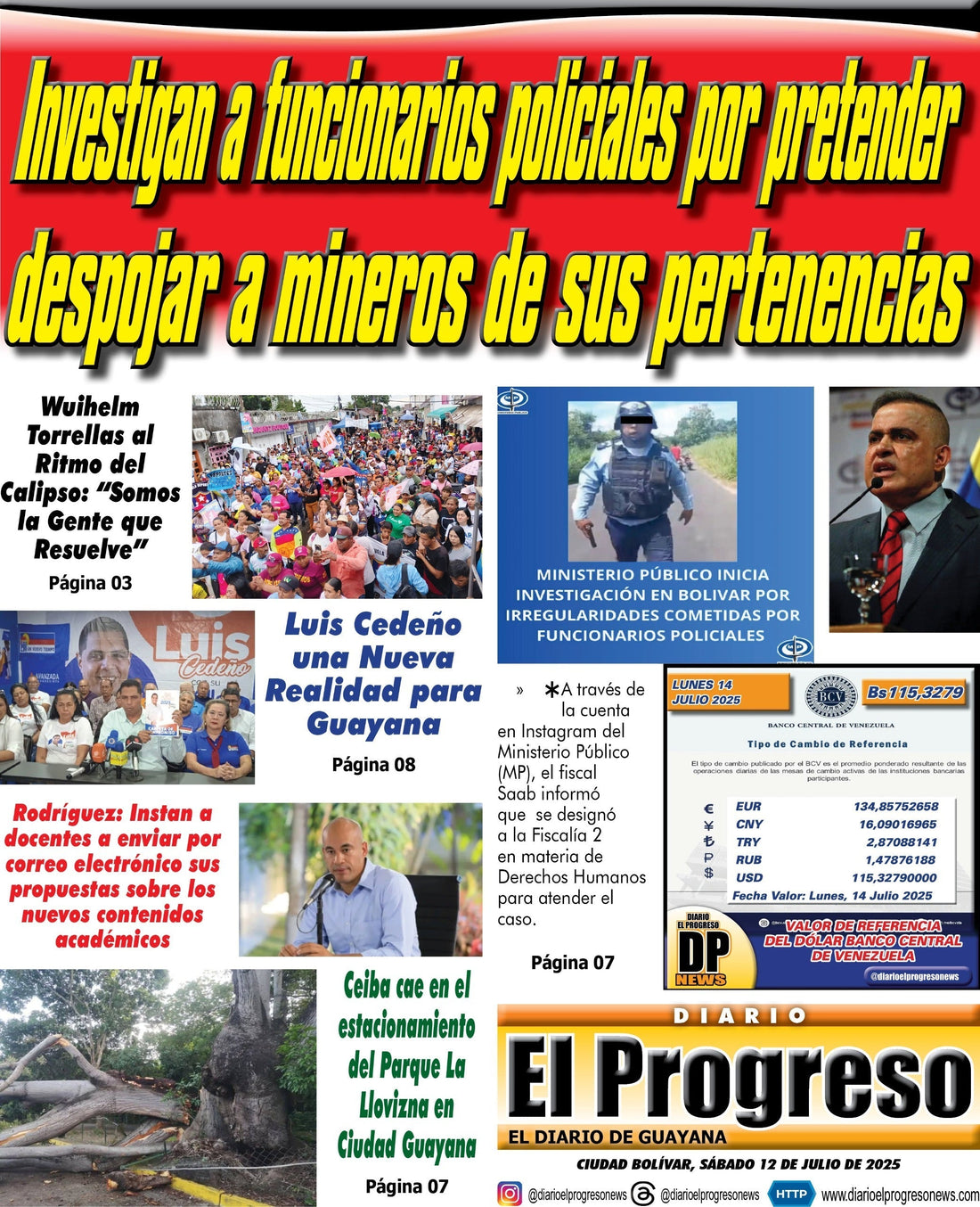 TITULARES DIARIO EL PROGRESO  EDICIÓN SÁBADO 12 DE JULIO DE 2025