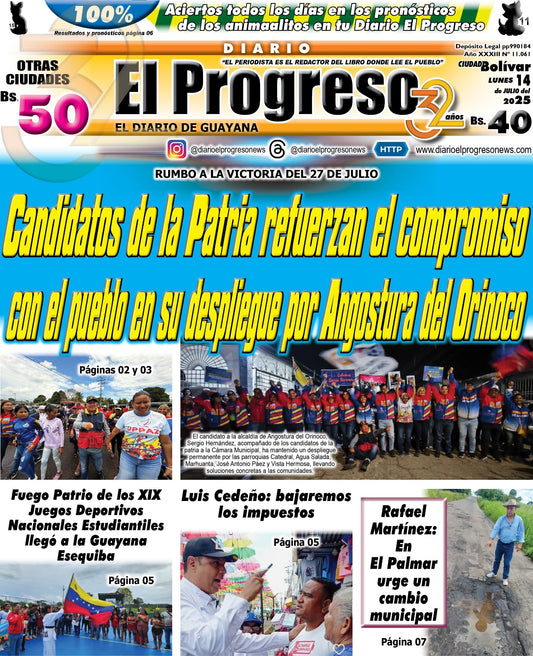 TITULARES DIARIO EL PROGRESO  EDICIÓN LUNES 14 DE JULIO DE 2025