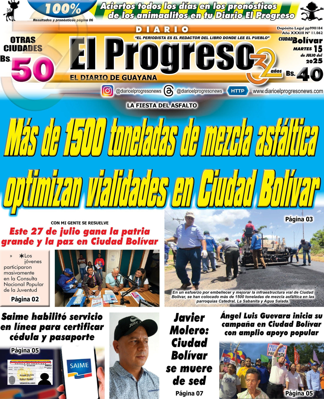 TITULARES DIARIO EL PROGRESO  EDICIÓN MARTES 15 DE JULIO DE 2025
