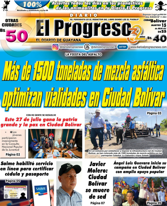 TITULARES DIARIO EL PROGRESO  EDICIÓN MARTES 15 DE JULIO DE 2025