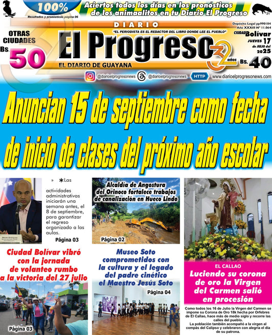 TITULARES DIARIO EL PROGRESO  EDICIÓN JUEVES 17 DE JULIO DE 2025