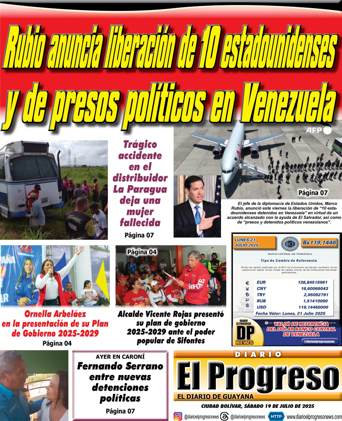 TITULARES DIARIO EL PROGRESO EDICIÓN SÁBADO 19 DE JULIO DE 2025
