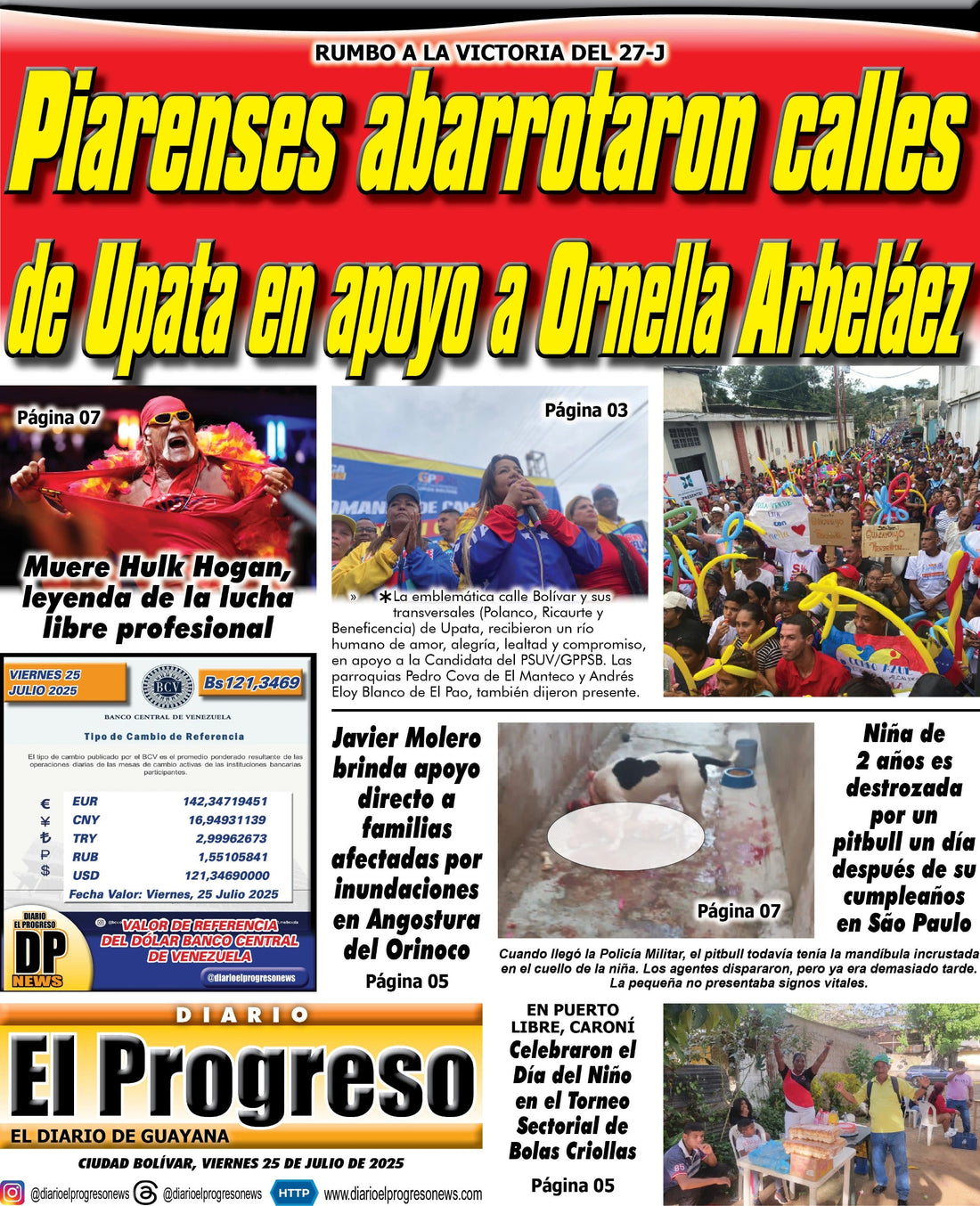 TITULARES DIARIO EL PROGRESO  EDICIÓN VIERNES 25 DE JULIO DE 2025