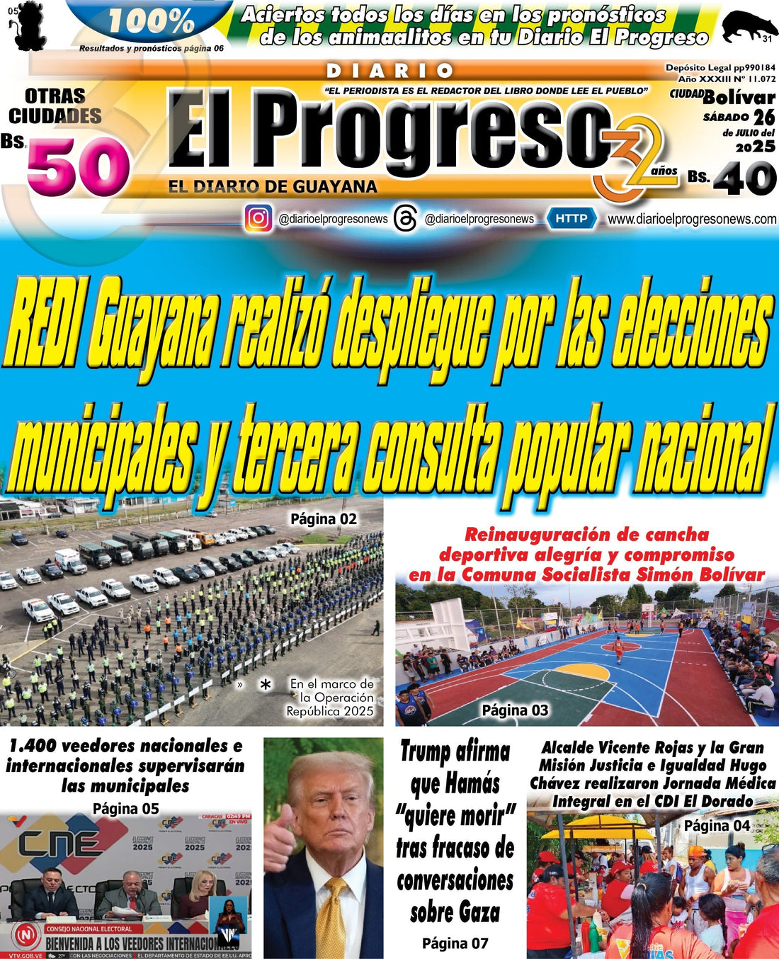TITULARES DIARIO EL PROGRESO  EDICIÓN SÁBADO 26 DE JULIO DE 2025