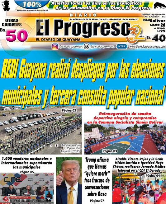 TITULARES DIARIO EL PROGRESO  EDICIÓN SÁBADO 26 DE JULIO DE 2025