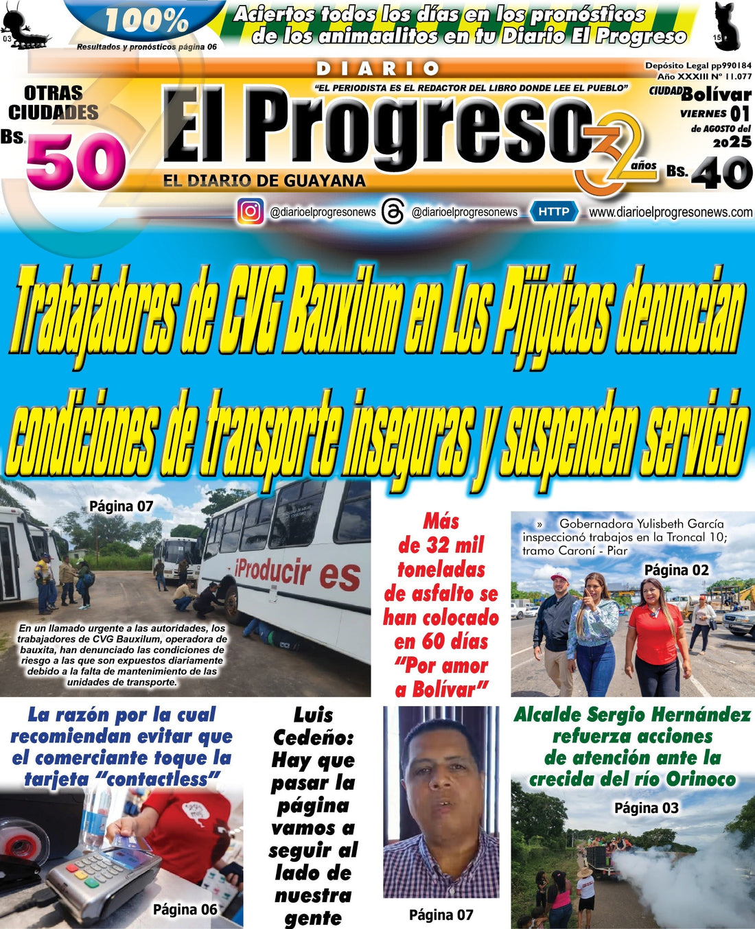 TITULARES DIARIO EL PROGRESO  EDICIÓN VIERNES 01 DE AGOSTO DE 2025