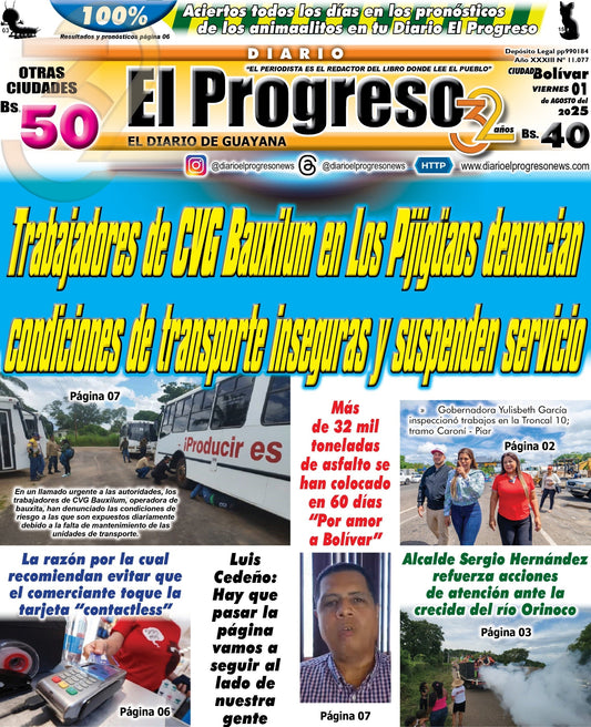 TITULARES DIARIO EL PROGRESO  EDICIÓN VIERNES 01 DE AGOSTO DE 2025