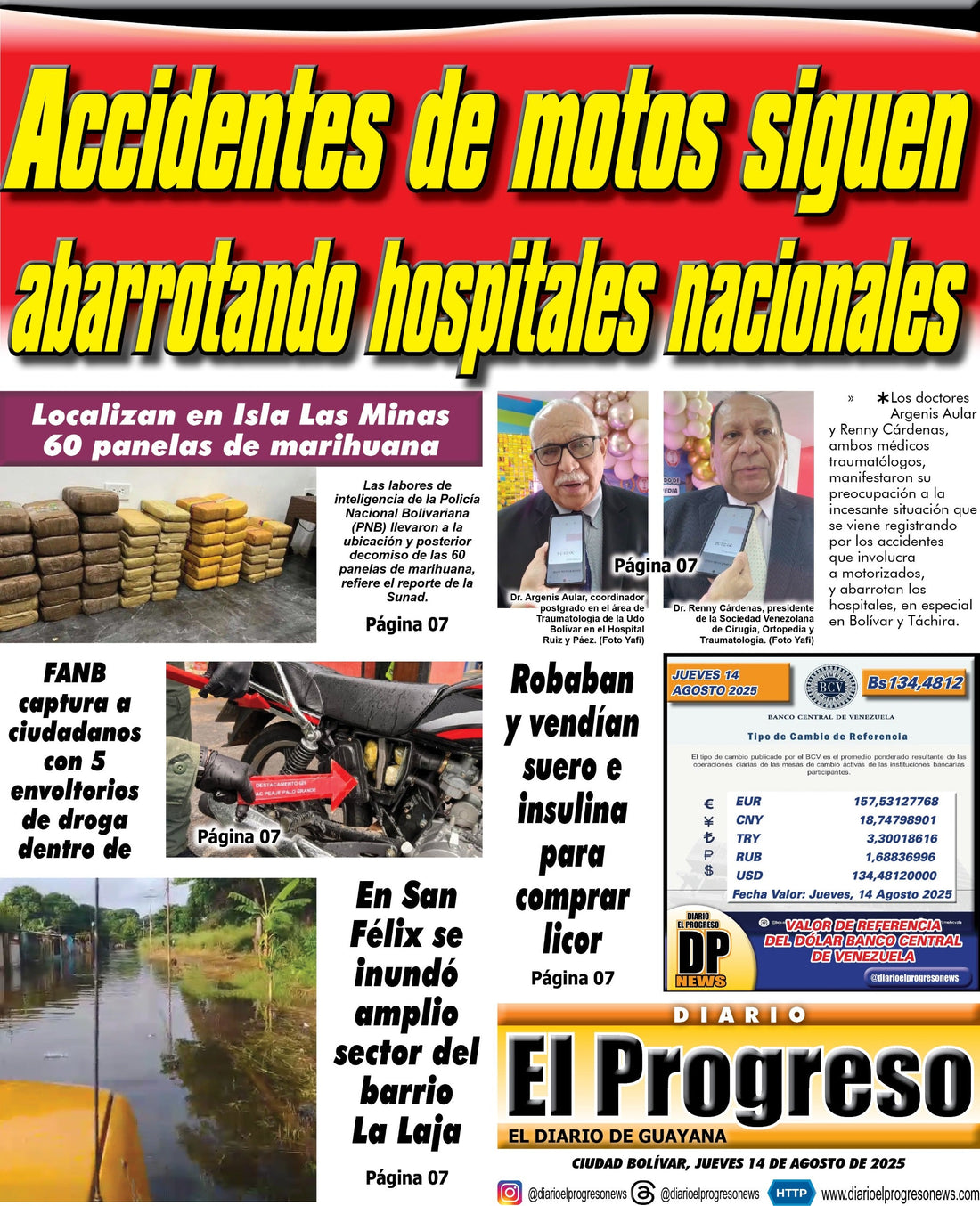 TITULARES DIARIO EL PROGRESO  EDICIÓN JUEVES 14 DE AGOSTO DE 2025