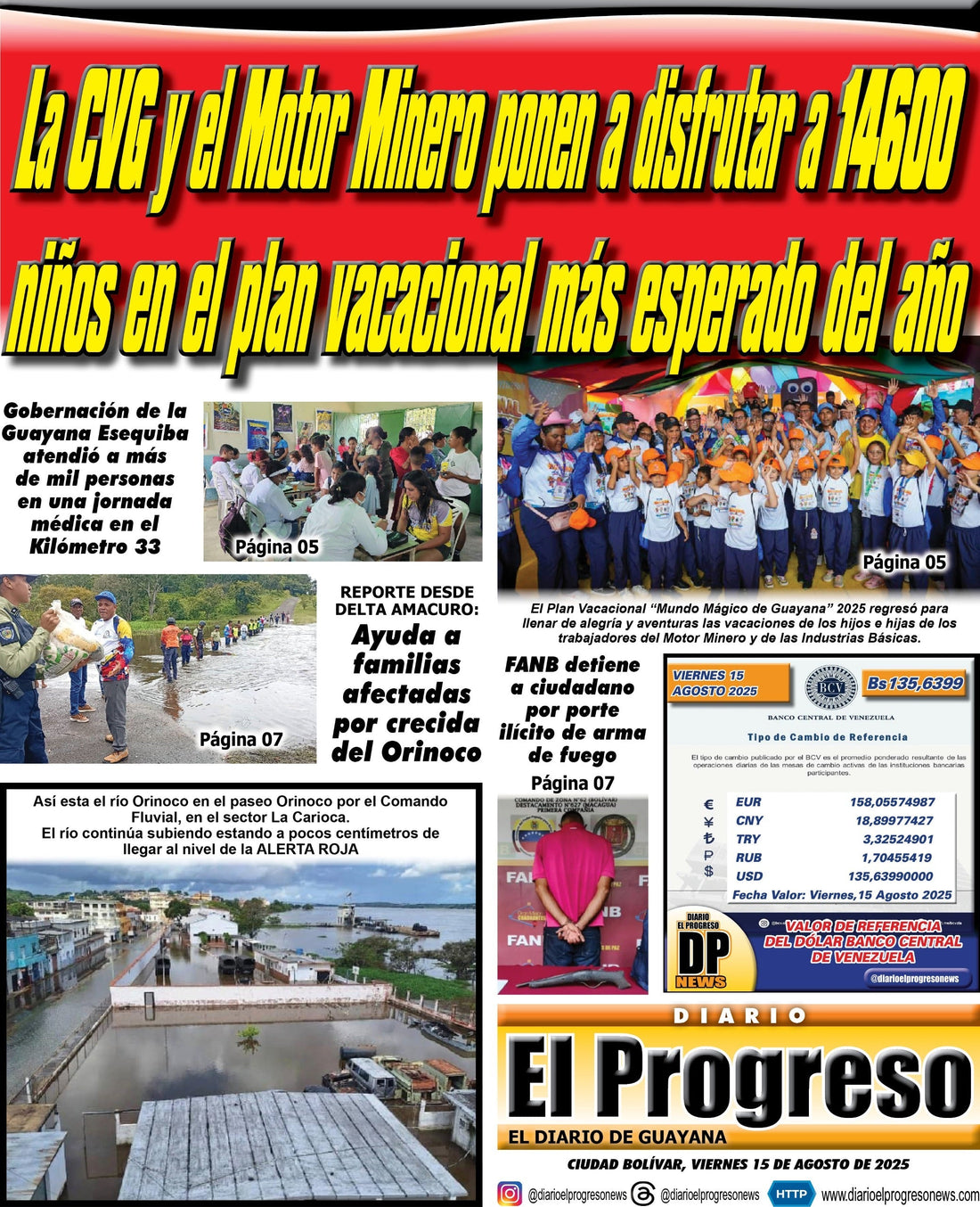 TITULARES DIARIO EL PROGRESO  EDICIÓN VIERNES 15 DE AGOSTO DE 2025