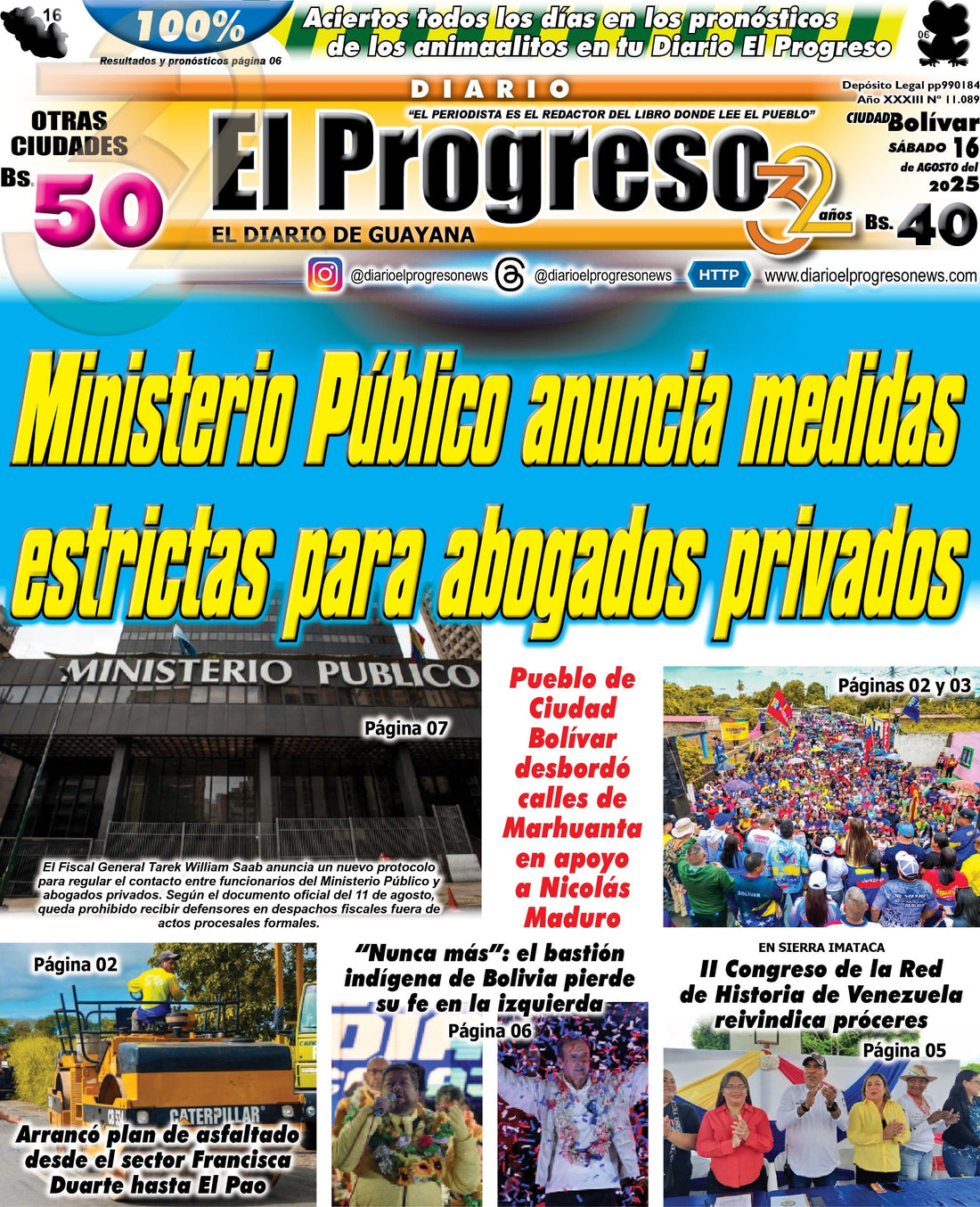 TITULARES DIARIO EL PROGRESO  EDICIÓN SÁBADO 16 DE AGOSTO DE 2025