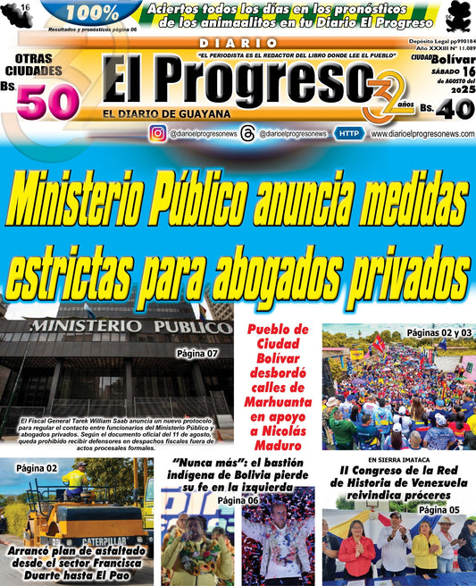 TITULARES DIARIO EL PROGRESO  EDICIÓN SÁBADO 16 DE AGOSTO DE 2025