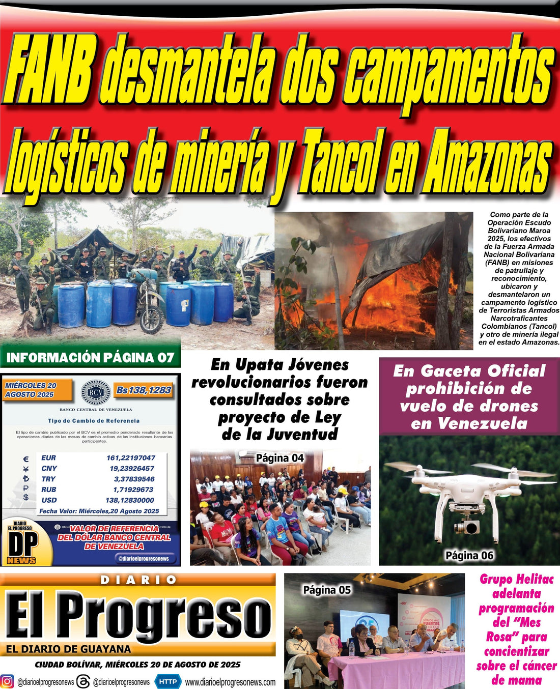 TITULARES DIARIO EL PROGRESO  EDICIÓN MIÉRCOLES 20 DE AGOSTO DE 2025