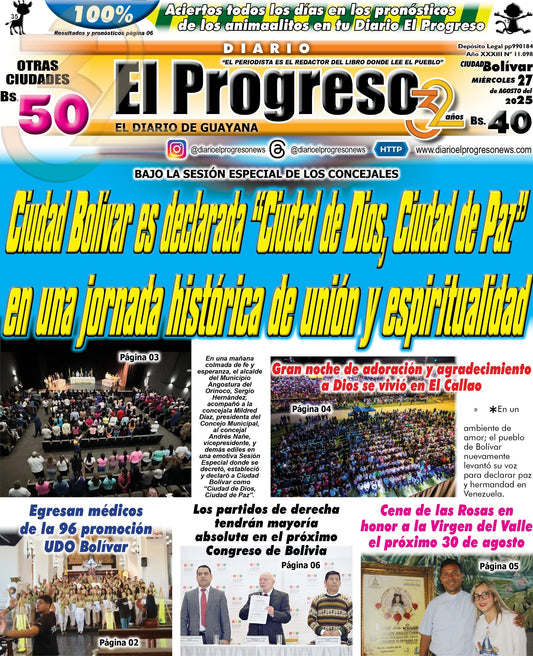 TITULARES DIARIO EL PROGRESO  EDICIÓN MIÉRCOLES 27 DE AGOSTO DE 2025