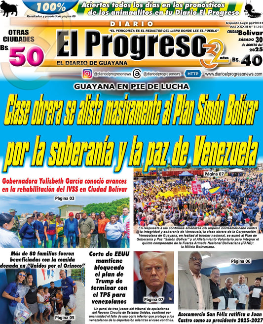 TITULARES DIARIO EL PROGRESO  EDICIÓN SÁBADO 30 DE AGOSTO DE 2025