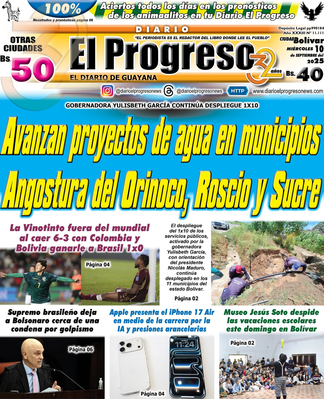 TITULARES DIARIO EL PROGRESO  EDICIÓN MIÉRCOLES 10 DE SEPTIEMBRE DE 2025