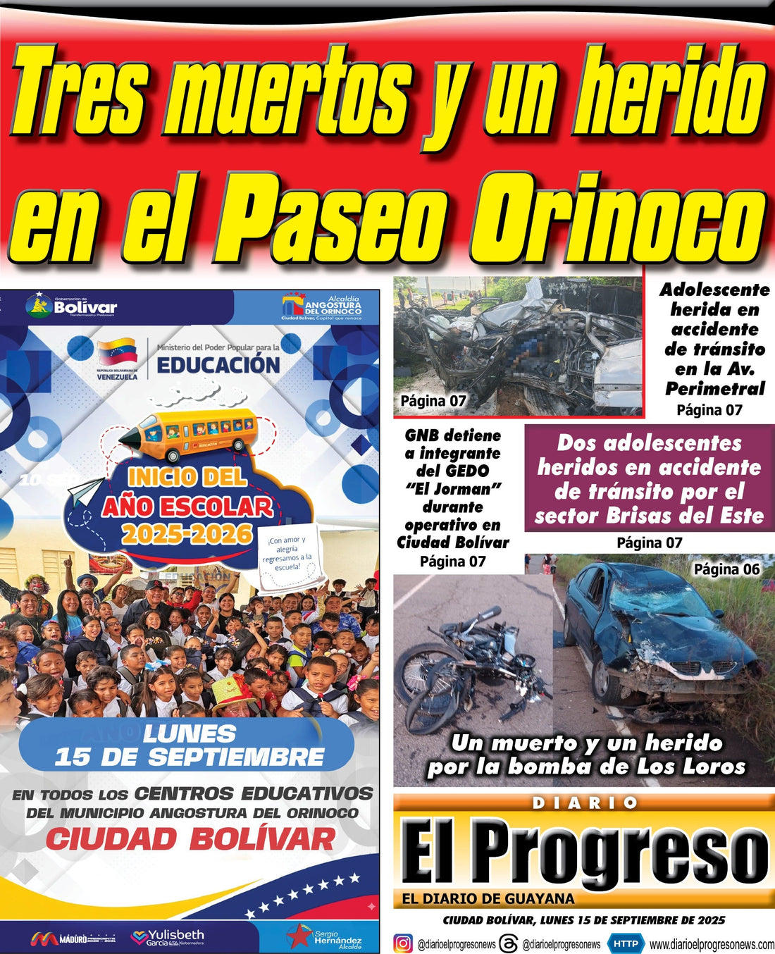 TITULARES DIARIO EL PROGRESO  EDICIÓN LUNES 15 DE SEPTIEMBRE DE 2025