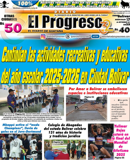 TITULARES DIARIO EL PROGRESO  EDICIÓN MIÉRCOLES 17 DE SEPTIEMBRE DE 2025
