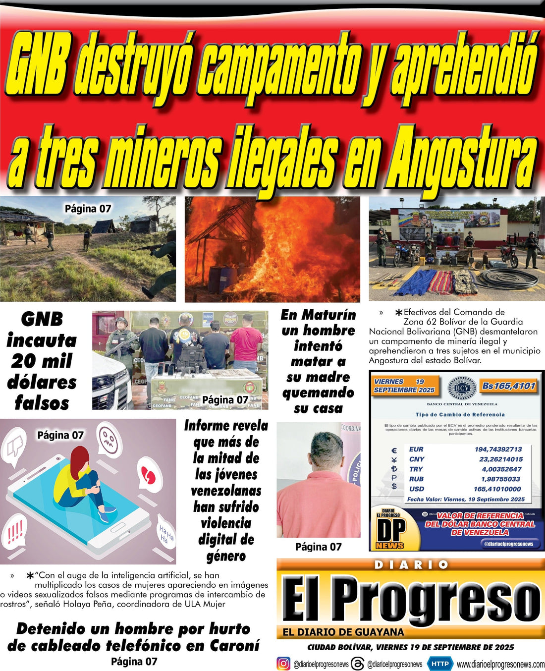 TITULARES DIARIO EL PROGRESO  EDICIÓN VIERNES 19 DE SEPTIEMBRE DE 2025