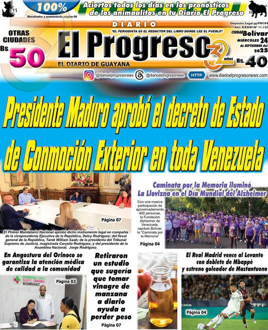 TITULARES DIARIO EL PROGRESO  EDICIÓN MIÉRCOLES 24 DE SEPTIEMBRE DE 2025