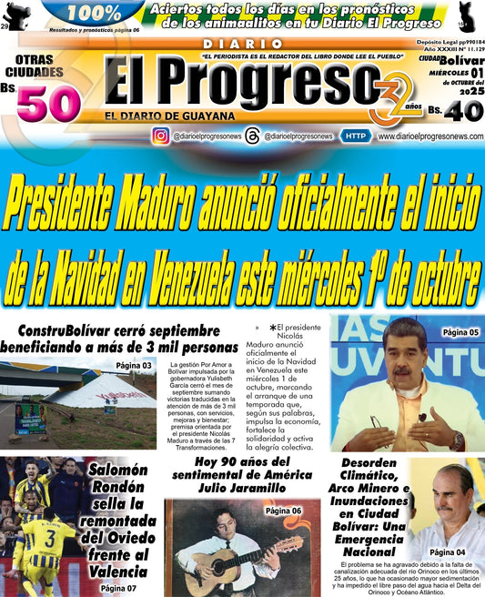 TITULARES DIARIO EL PROGRESO  EDICIÓN MIÉRCOLES 01 DE OCTUBRE DE 2025