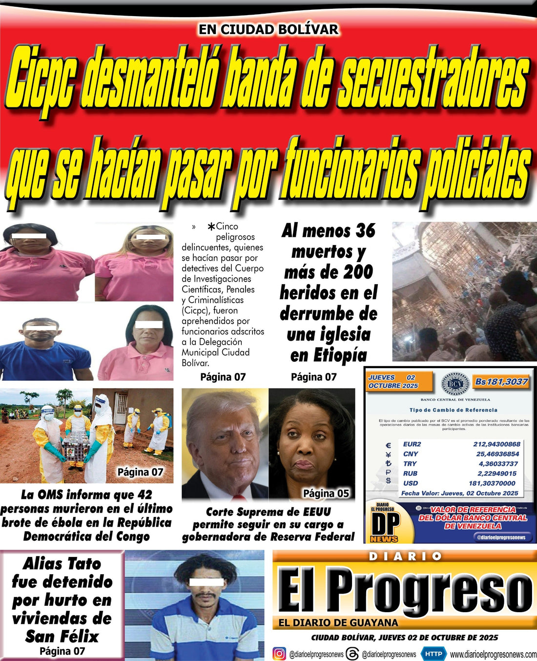 TITULARES DIARIO EL PROGRESO  EDICIÓN JUEVES 02 DE OCTUBRE DE 2025