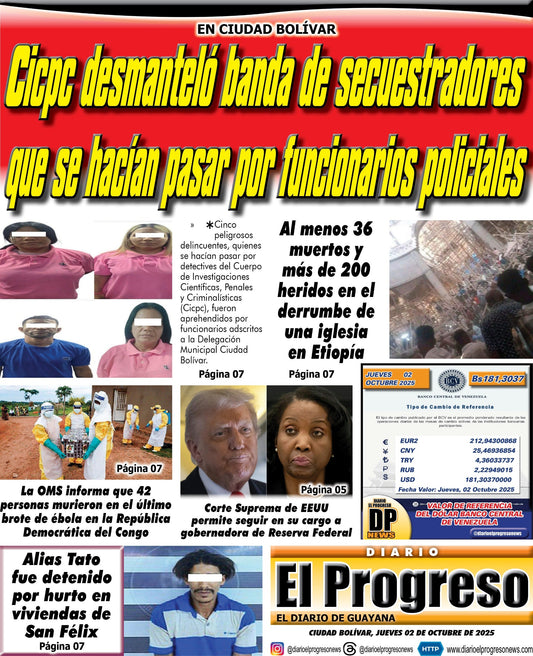 TITULARES DIARIO EL PROGRESO  EDICIÓN JUEVES 02 DE OCTUBRE DE 2025