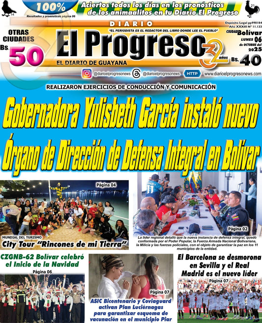 TITULARES DIARIO EL PROGRESO  EDICIÓN LUNES 06 DE OCTUBRE DE 2025