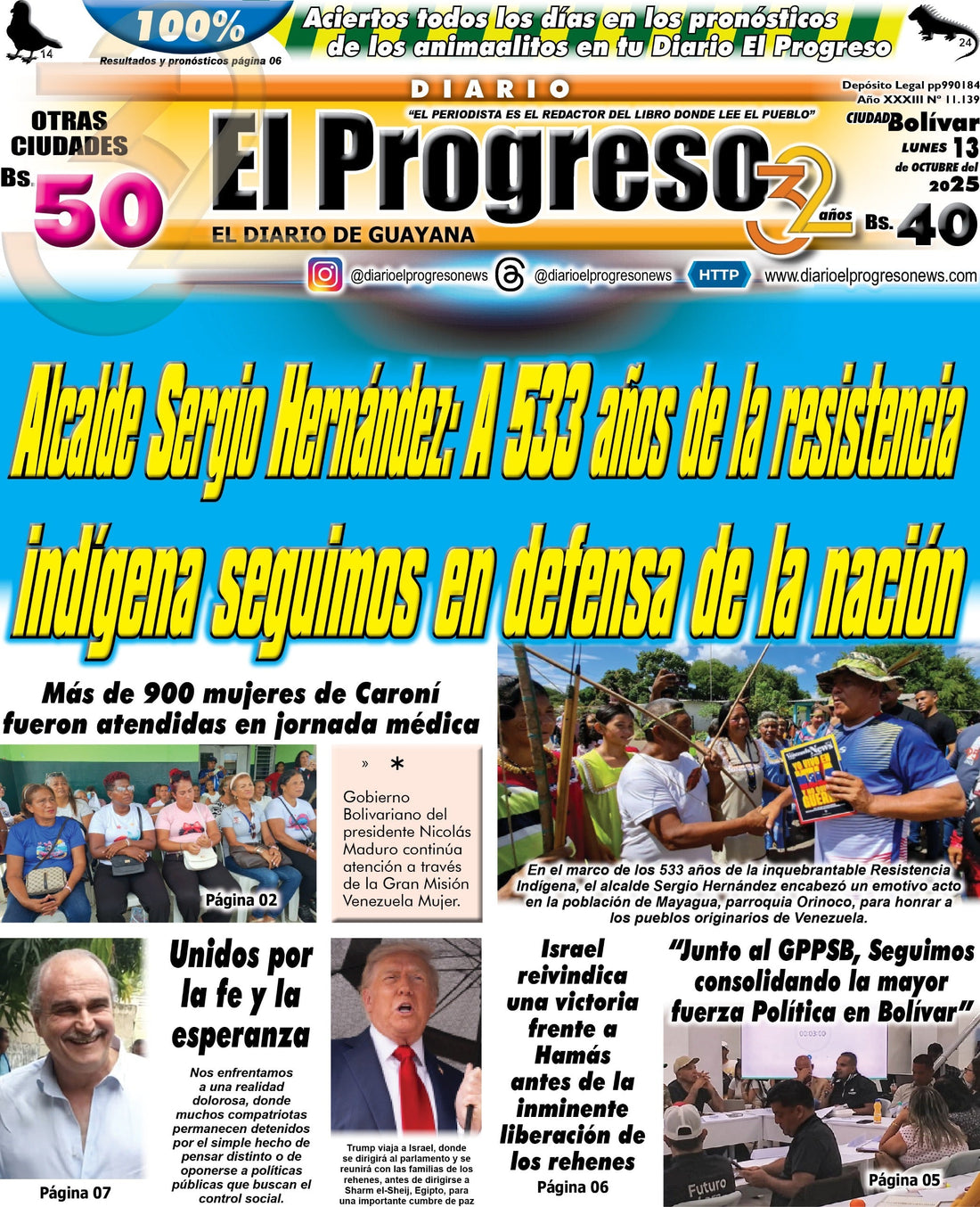 TITULARES DIARIO EL PROGRESO  EDICIÓN LUNES 13 DE OCTUBRE DE 2025