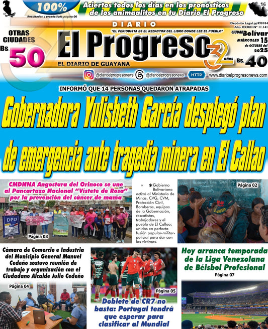 TITULARES DIARIO EL PROGRESO  EDICIÓN MIÉRCOLES 15 DE OCTUBRE DE 2025
