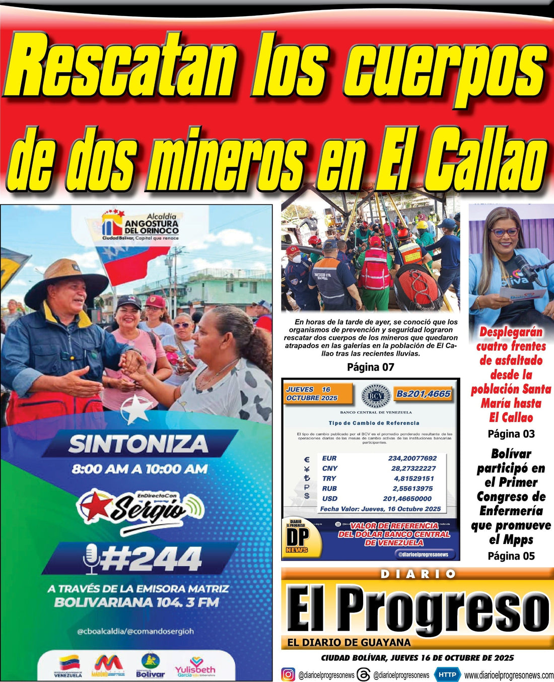 TITULARES DIARIO EL PROGRESO  EDICIÓN JUEVES 16 DE OCTUBRE DE 2025