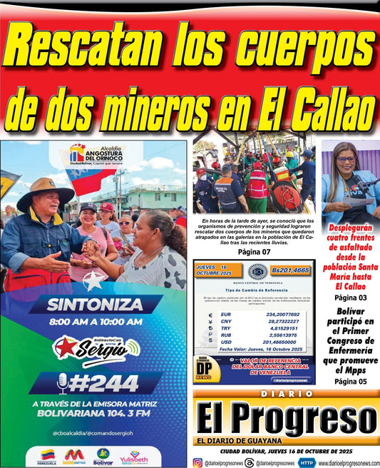 TITULARES DIARIO EL PROGRESO  EDICIÓN JUEVES 16 DE OCTUBRE DE 2025