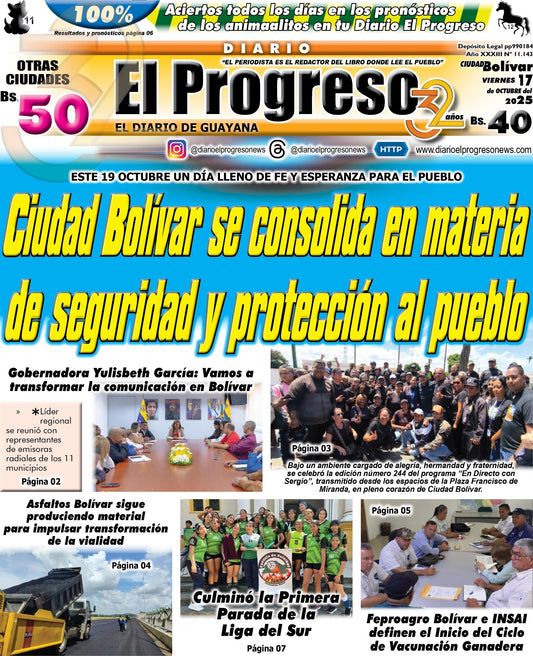 TITULARES DIARIO EL PROGRESO  EDICIÓN VIERNES 17 DE OCTUBRE DE 2025